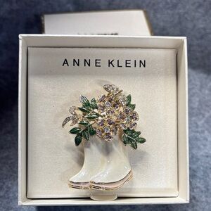 Anne Klein gold-tone rain boot brooch pin with enamel crystal rhinestone flowers
